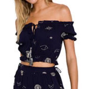 Free The Roses Embroidered Off Shoulder Crop Top in Navy  Celestial Design Sz L